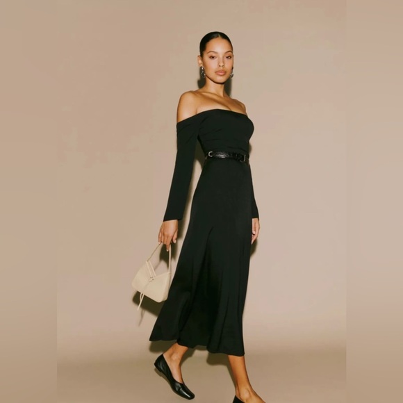 Reformation Ballari Dress in Black Midi Off Shoulder Long Sleeves Size 0 - Picture 3 of 17